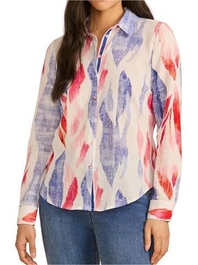 Painterly Stripe Button-Front Blouse - White with Blue & Pink-Red Accents